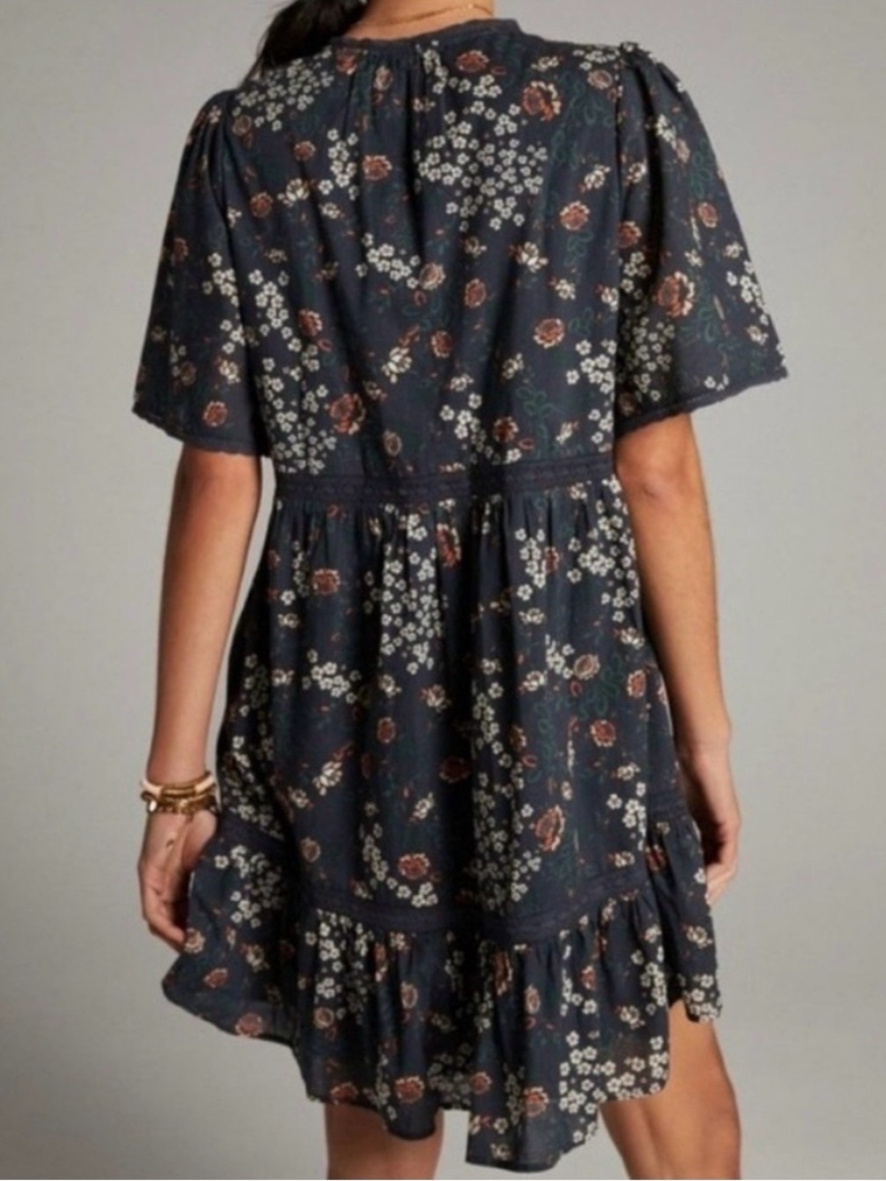 Anthropologie Navy Floral Cotton Flutter Sleeve Tiered Mini Dress Size S - Picture 2 of 8